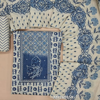Off white base printed soft cotton unstitched salwar material, printed yoke (lining optional)zig zag printed cotton bottom,printed pure soft cotton dupatta (TAPPING NEEDED). MY260919