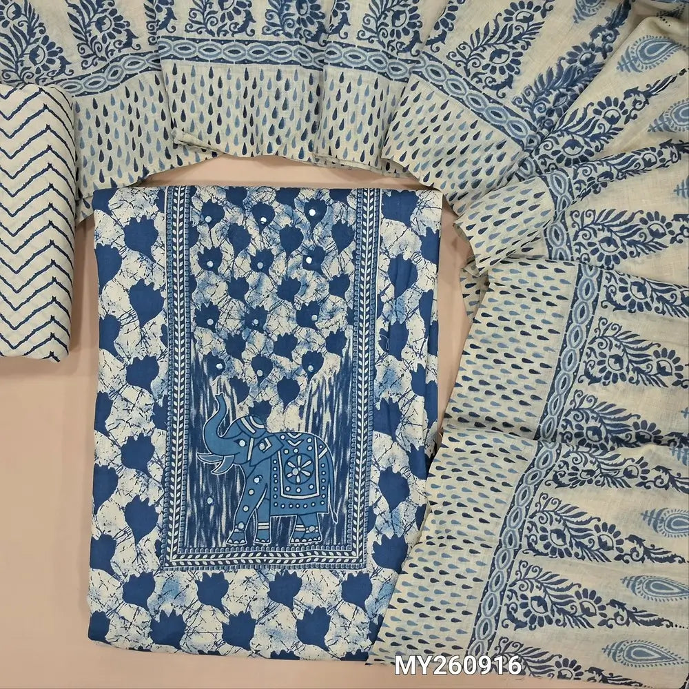 Off white base printed soft cotton unstitched salwar material, printed yoke (lining optional)zig zag printed cotton bottom,printed pure soft cotton dupatta (TAPPING NEEDED). MY260916