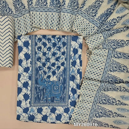 Off white base printed soft cotton unstitched salwar material, printed yoke (lining optional)zig zag printed cotton bottom,printed pure soft cotton dupatta (TAPPING NEEDED). MY260916