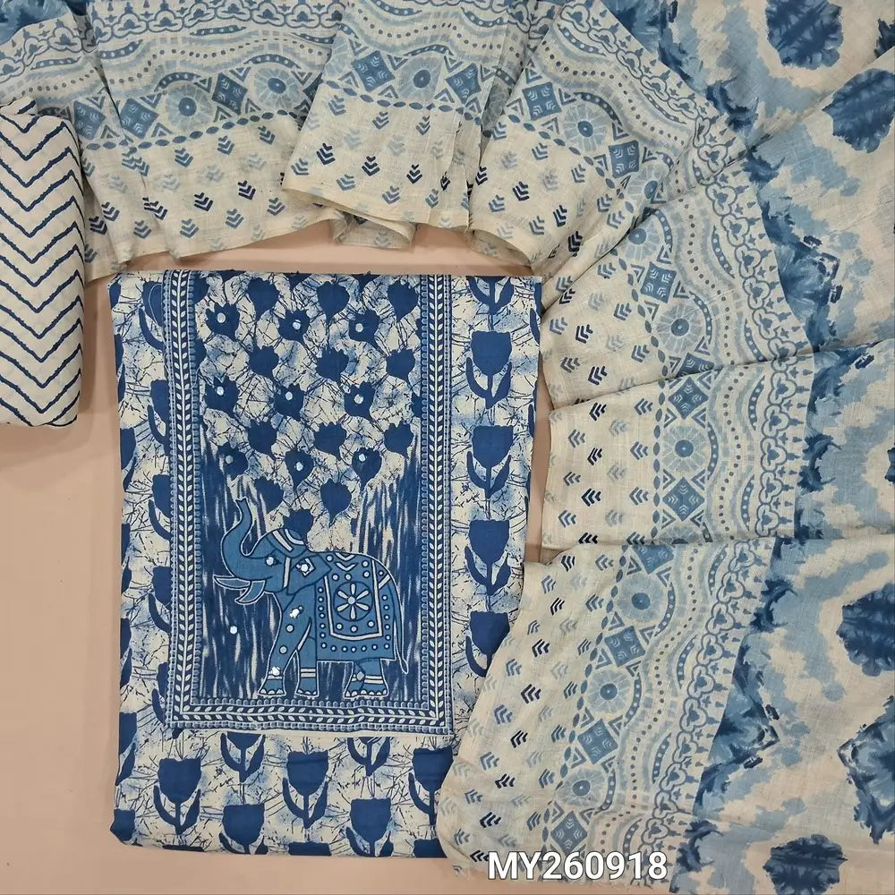 Off white base printed soft cotton unstitched salwar material, printed yoke (lining optional)zig zag printed cotton bottom,printed pure soft cotton dupatta (TAPPING NEEDED). MY260918