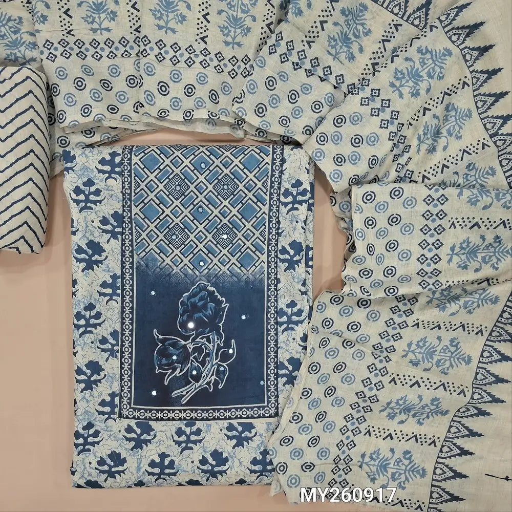 Off white base printed soft cotton unstitched salwar material, printed yoke (lining optional)zig zag printed cotton bottom,printed pure soft cotton dupatta (TAPPING NEEDED). MY260917