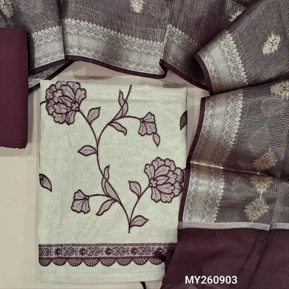 Designer golden beige tissue silk cotton unstitched salwar material,applique work with thread embroidery work on front,( lining needed)dark maroon spun cotton bottom,benarsi zari weaving on tissue organza dupatta with borders. MY260903