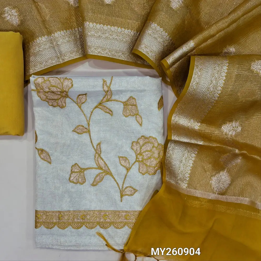Designer golden beige tissue silk cotton unstitched salwar material,applique work with thread embroidery work on front,( lining needed)mehandhi yellow spun cotton bottom,benarsi zari weaving on tissue organza dupatta with borders. MY260904