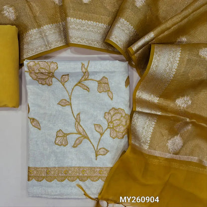 Designer golden beige tissue silk cotton unstitched salwar material,applique work with thread embroidery work on front,( lining needed)mehandhi yellow spun cotton bottom,benarsi zari weaving on tissue organza dupatta with borders. MY260904