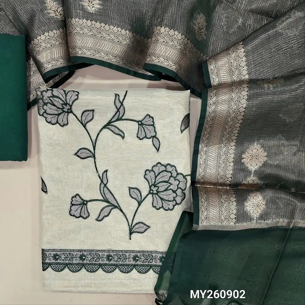 Designer golden beige tissue silk cotton unstitched salwar material,applique work with thread embroidery work on front,( lining needed)dark green spun cotton bottom,benarsi zari weaving on tissue organza dupatta with borders. MY260902