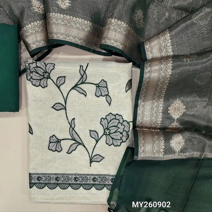 Designer golden beige tissue silk cotton unstitched salwar material,applique work with thread embroidery work on front,( lining needed)dark green spun cotton bottom,benarsi zari weaving on tissue organza dupatta with borders. MY260902