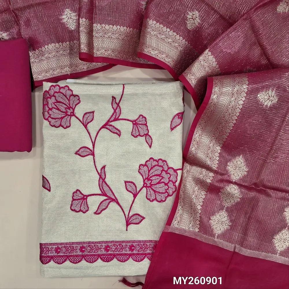 Designer golden beige tissue silk cotton unstitched salwar material,applique work with thread embroidery work on front,( lining needed)dark pink spun cotton bottom,benarsi zari weaving on tissue organza dupatta with borders. MY260901