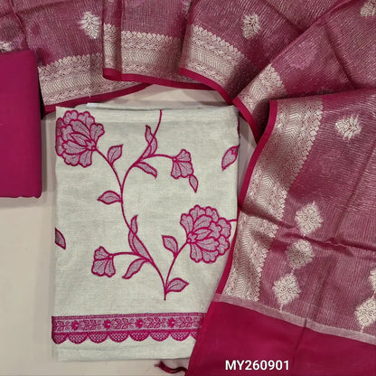 Designer golden beige tissue silk cotton unstitched salwar material,applique work with thread embroidery work on front,( lining needed)dark pink spun cotton bottom,benarsi zari weaving on tissue organza dupatta with borders. MY260901