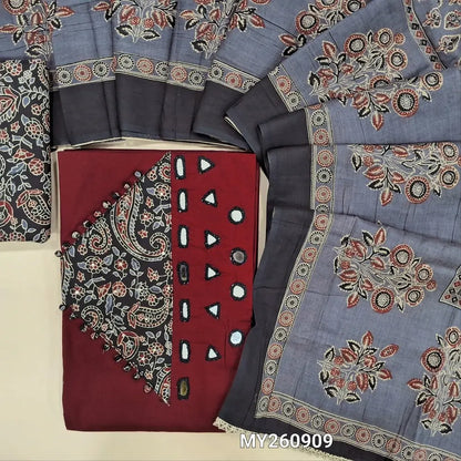 PREORDER SHIPPING AFTER 25 DAYS.KALAMKARI PRINT MIGHT VARY. Maroon premium pure dabu cotton unstitched salwar material,real mirror,ajrak design and potli buttons on yoke,(lining optional)black printed coton bottom,printed mul cotton dupatta. MY260909