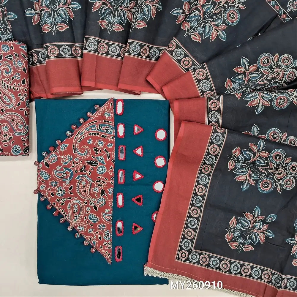 PREORDER SHIPPING AFTER 25 DAYS. KALAMKARI PRINT MIGHT VARY. Dark teal blue premium pure dabu cotton unstitched salwar material,real mirror,ajrak design and potli buttons on yoke,(lining optional)printed coton bottom,mul cotton dupatta. MY260910