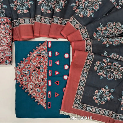 PREORDER SHIPPING AFTER 25 DAYS. KALAMKARI PRINT MIGHT VARY. Dark teal blue premium pure dabu cotton unstitched salwar material,real mirror,ajrak design and potli buttons on yoke,(lining optional)printed coton bottom,mul cotton dupatta. MY260910