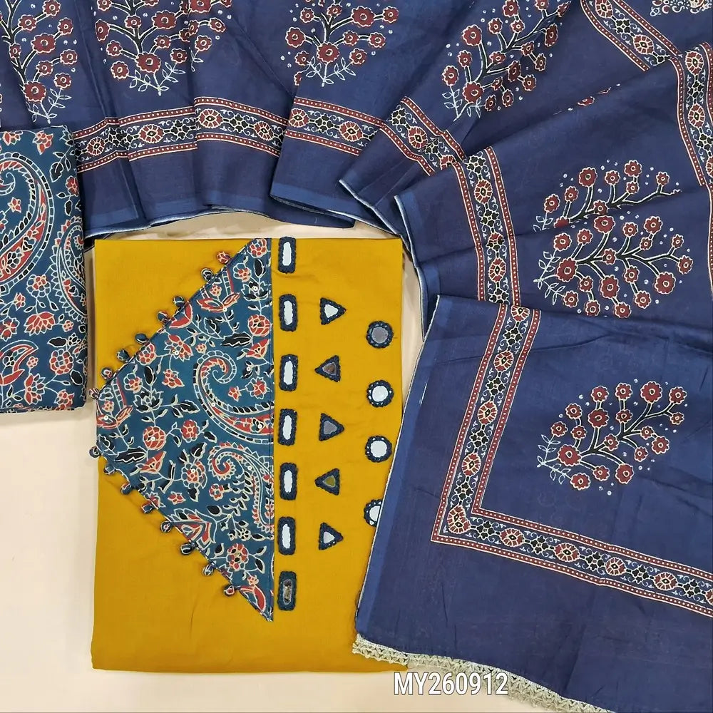 PREORDER SHIPPING AFTER 25 DAYS.KALAMKARI PRINT MIGHT VARY. Mehandhi yellow premium pure dabu cotton unstitched salwar material,real mirror,ajrak design and potli buttons on yoke,(lining optional)indigo coton bottom,printed mul cotton dupatta. MY260912