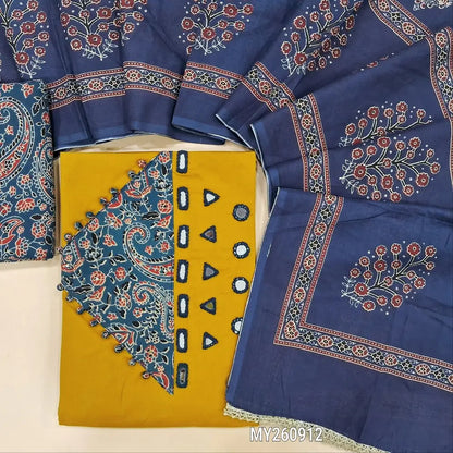PREORDER SHIPPING AFTER 25 DAYS.KALAMKARI PRINT MIGHT VARY. Mehandhi yellow premium pure dabu cotton unstitched salwar material,real mirror,ajrak design and potli buttons on yoke,(lining optional)indigo coton bottom,printed mul cotton dupatta. MY260912