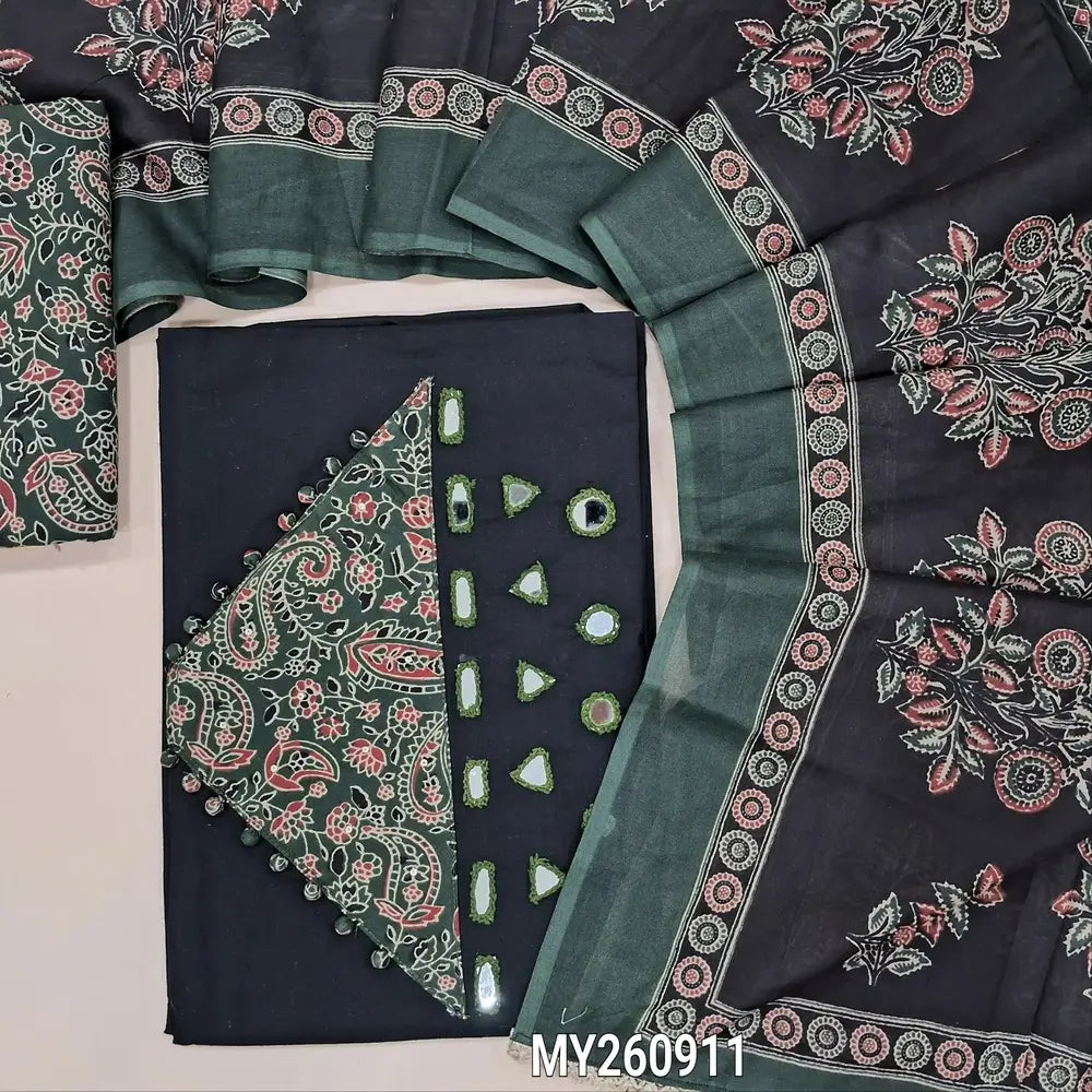 PREORDER SHIPPING AFTER 25 DAYS.KALAMKARI PRINT MIGHT VARY. Black premium pure dabu cotton unstitched salwar material,real mirror,ajrak design and potli buttons on yoke,(lining optional)green printed coton bottom,printed mul cotton dupatta. MY260911
