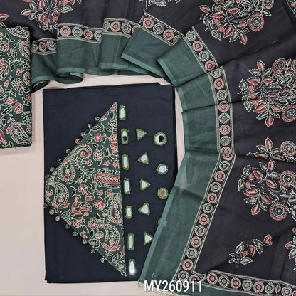 PREORDER SHIPPING AFTER 25 DAYS.KALAMKARI PRINT MIGHT VARY. Black premium pure dabu cotton unstitched salwar material,real mirror,ajrak design and potli buttons on yoke,(lining optional)green printed coton bottom,printed mul cotton dupatta. MY260911