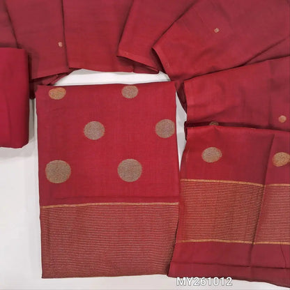 Reddish maroon jamdani woven premium handloom cotton unstitched salwar material,gold zari weaving on daman,(lining needed)cotton bottom,jamdani weaving handloom cotton dupatta. MY261012