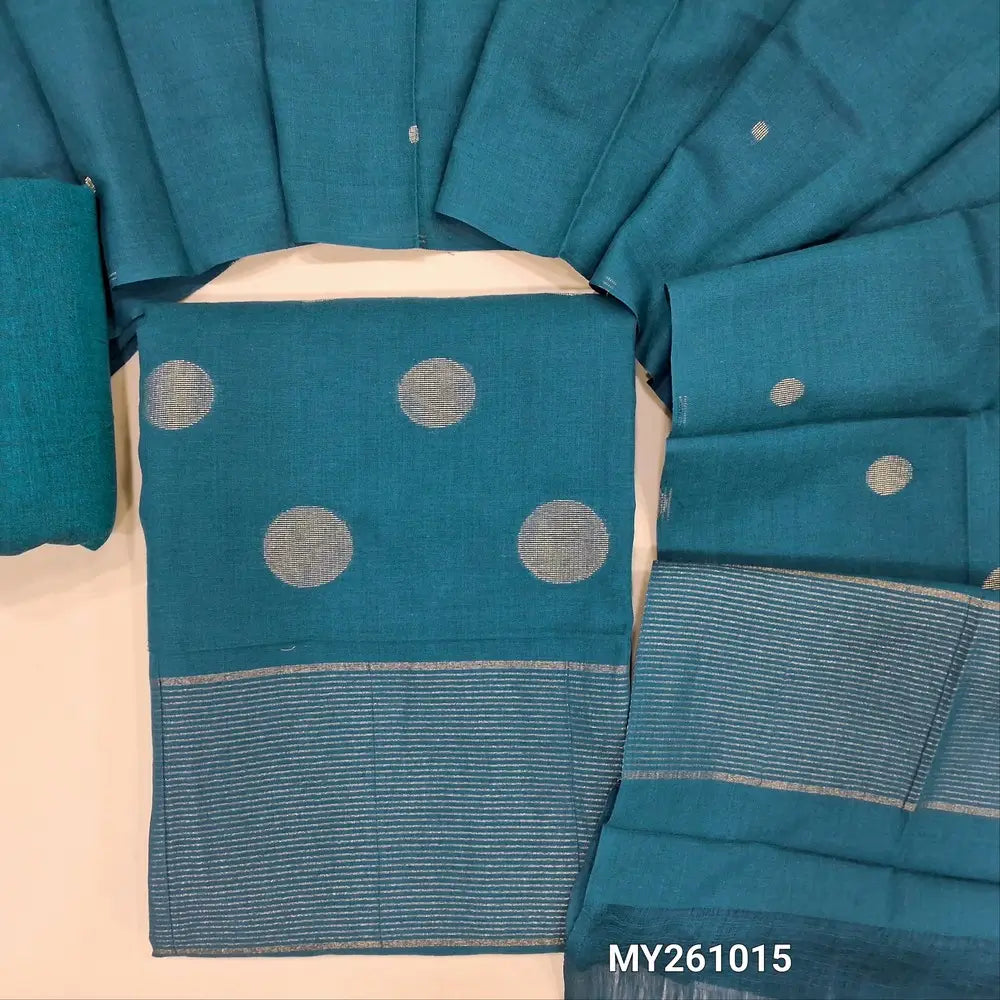 Dark teal blue jamdani woven premium handloom cotton unstitched salwar material,gold zari weaving on daman,(lining needed)cotton bottom,jamdani weaving handloom cotton dupatta. MY261015