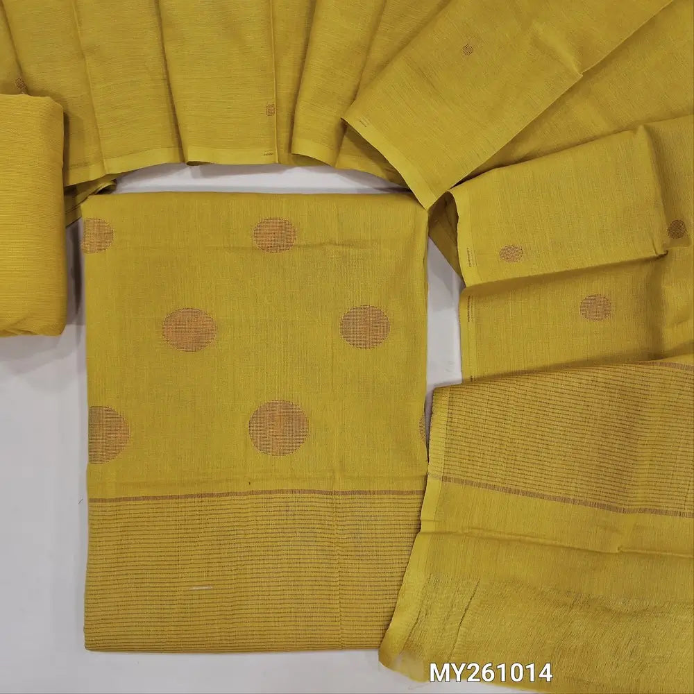 Mehandhi yellow jamdani woven premium handloom cotton unstitched salwar material,gold zari weaving on daman,(lining needed)cotton bottom,jamdani weaving handloom cotton dupatta. MY261014