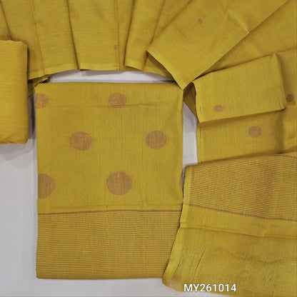 Mehandhi yellow jamdani woven premium handloom cotton unstitched salwar material,gold zari weaving on daman,(lining needed)cotton bottom,jamdani weaving handloom cotton dupatta. MY261014