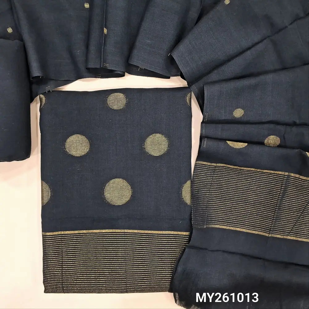 Black jamdani woven premium handloom cotton unstitched salwar material,gold zari weaving on daman,(lining needed)cotton bottom,jamdani weaving handloom cotton dupatta. MY261013