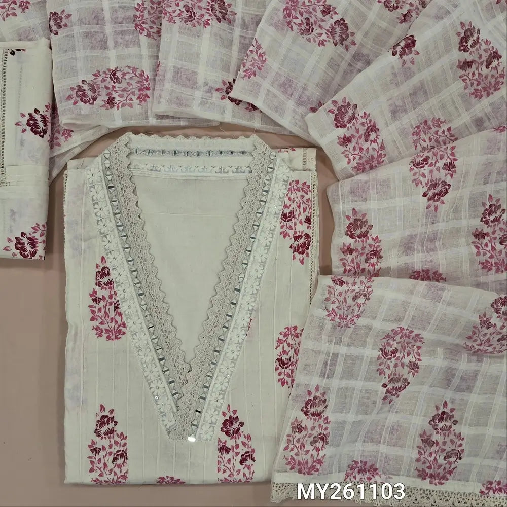Off white block printed cotton unstitched salwar material,collar neck with real mirror(PINK)pintex work on front,panel design,(lining needed)block printed cotton bottom,checked and block printed mul cotton dupatta with lace tapping. MY261103
