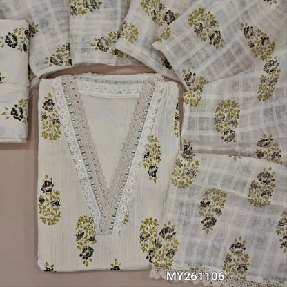 Off white block printed cotton unstitched salwar material,collar neck with real mirror(GREEN)pintex work on front,panel design,(lining needed)block printed cotton bottom,checked and block printed full length mul cotton dupatta with lace tapping. MY261106