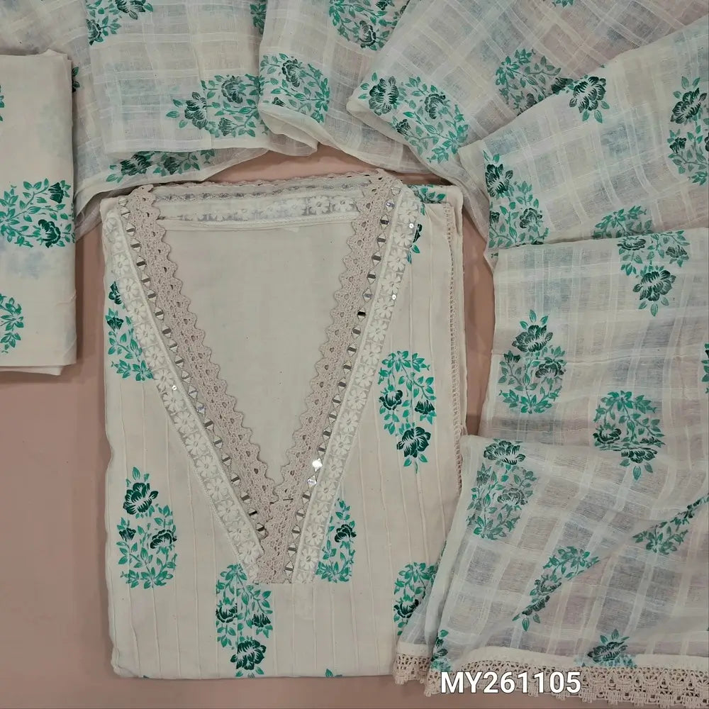 Off white block printed cotton unstitched salwar material,collar neck with real mirror(TURQUOISE GREEN)pintex work on front,panel design,(lining needed)block printed cotton bottom,checked and block printed mul cotton dupatta with lace tapping. MY261105
