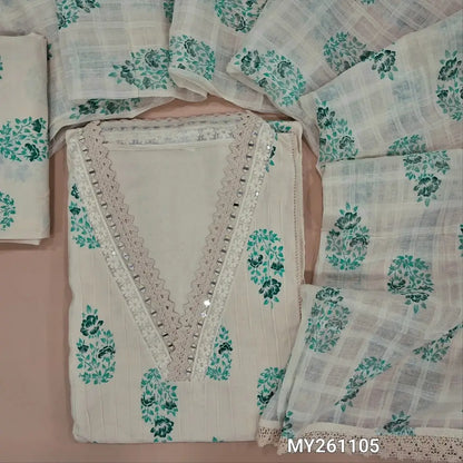Off white block printed cotton unstitched salwar material,collar neck with real mirror(TURQUOISE GREEN)pintex work on front,panel design,(lining needed)block printed cotton bottom,checked and block printed mul cotton dupatta with lace tapping. MY261105