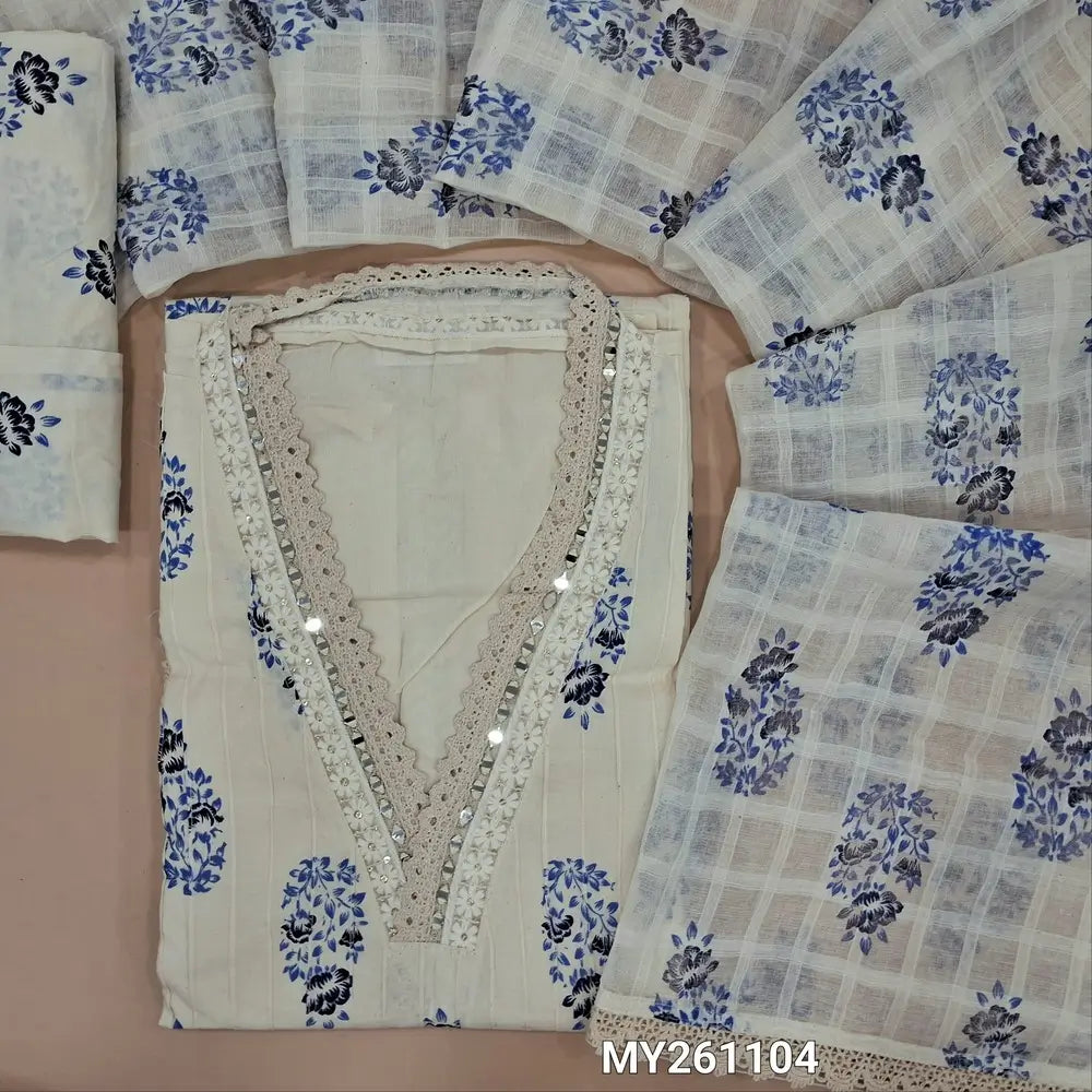 Off white block printed cotton unstitched salwar material,collar neck with real mirror(BLUE)pintex work on front,panel design,(lining needed)block printed cotton bottom,checked and block printed mul cotton dupatta with lace tapping. MY261104