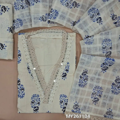 Off white block printed cotton unstitched salwar material,collar neck with real mirror(BLUE)pintex work on front,panel design,(lining needed)block printed cotton bottom,checked and block printed mul cotton dupatta with lace tapping. MY261104