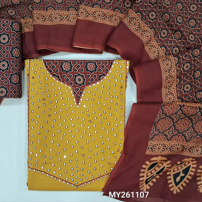 Mehandhi yellow pure dabu cotton unstitched salwar material,ajrak design,round notch neck & faux mirror work on yoke,(lining ajrak printed coton bottom,printed pure mul cotton dupatta. MY261107