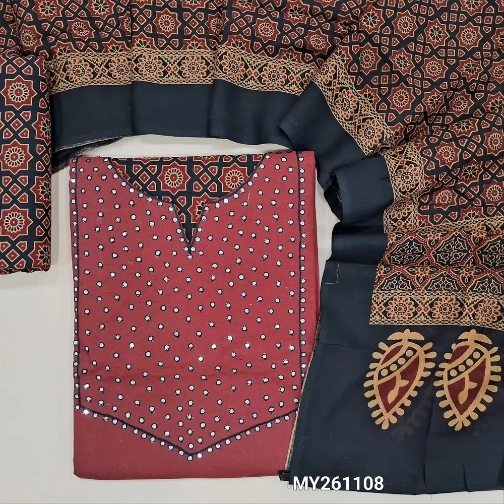 Maroon pure dabu cotton unstitched salwar material,ajrak design,round notch neck & faux mirror work on yoke,(lining ajrak printed coton bottom,printed pure mul cotton dupatta. MY261108