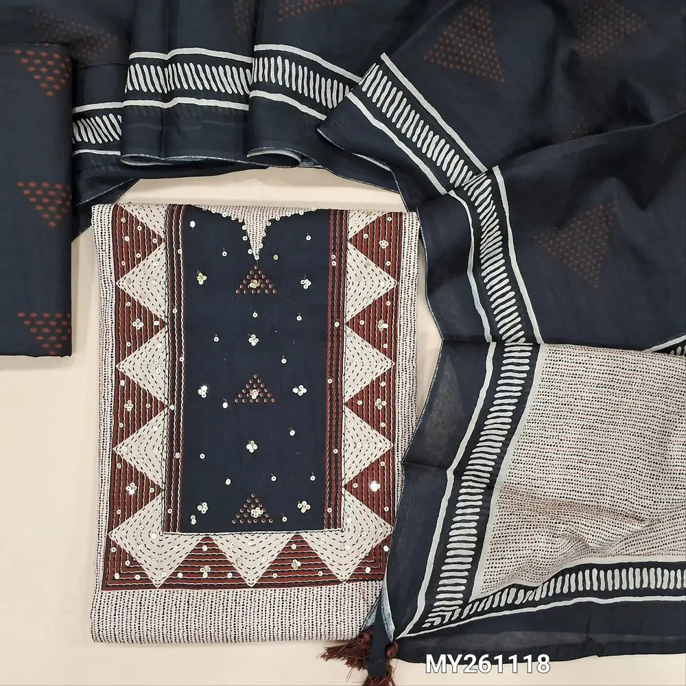 Light beige premium soft cotton unstitched salwar material,round notch neck &sequins work on contrast yoke,printed all over(lining optional)black printed cotton bottom, printed full length mul cotton dupatta with contrast pallu. MY261118