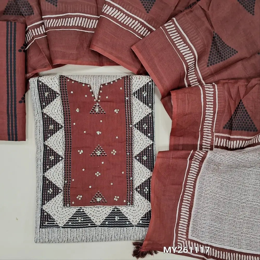 Light beige premium soft cotton unstitched salwar material,round notch neck &sequins work on contrast yoke,printed all over(lining optional)maroon printed cotton bottom, printed full length mul cotton dupatta with contrast pallu. MY261117