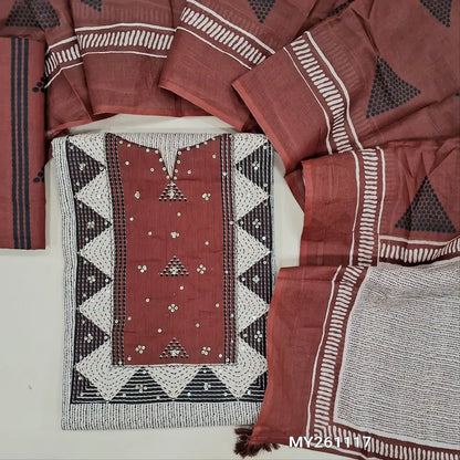 Light beige premium soft cotton unstitched salwar material,round notch neck &sequins work on contrast yoke,printed all over(lining optional)maroon printed cotton bottom, printed full length mul cotton dupatta with contrast pallu. MY261117