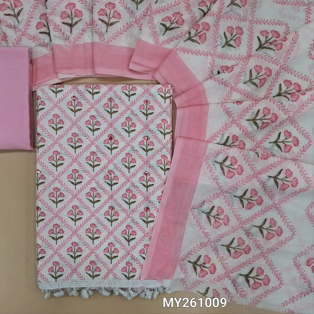 Off white floral printed soft cotton unstitched salwar material,sequins work on front(thin,lining needed)pastel pink cotton bottom,printed mul cotton dupatta(TAPPING NEEDED). MY261009