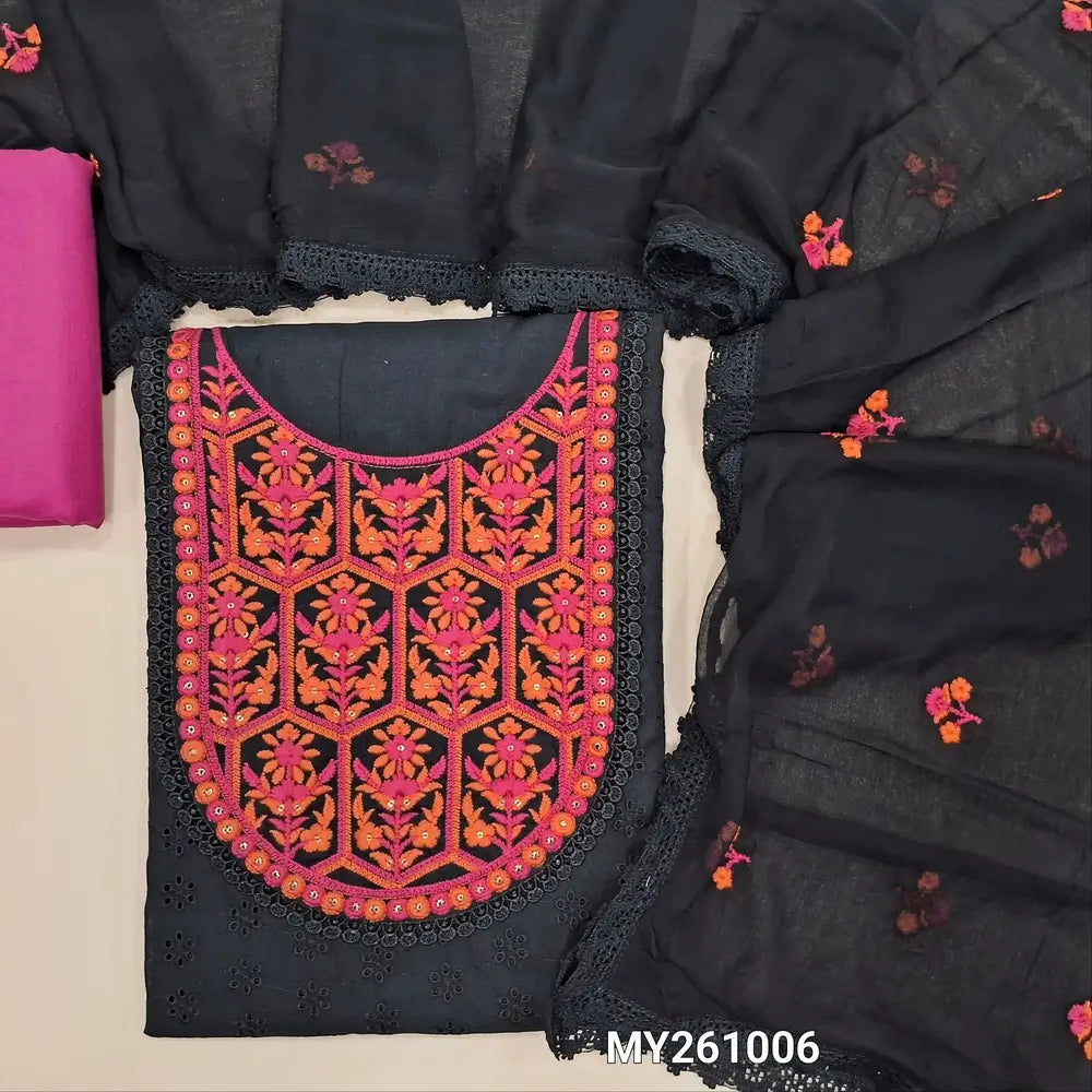 Black schiffli embroidered  cotton unstitched salwar material, orange & dark pink embroidery on yoke (Thin, Lining Needed) dark pink cotton Bottom,  embroidery work on fancy chiffon dupatta with lace tapings. MY261007