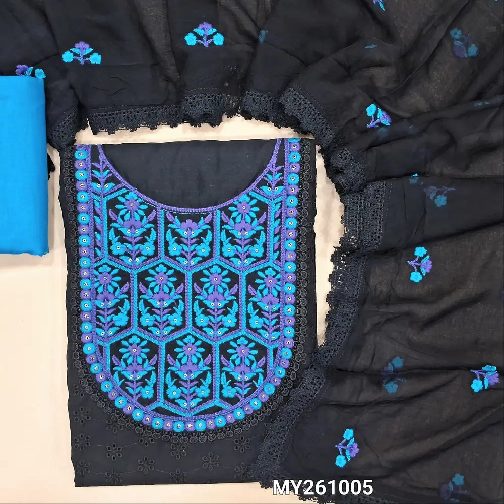 Black schiffli embroidered  cotton unstitched salwar material, blue & purple embroidery on yoke (Thin, Lining Needed) blue cotton Bottom, embroidery work on fancy chiffon dupatta with lace tapings. MY261005