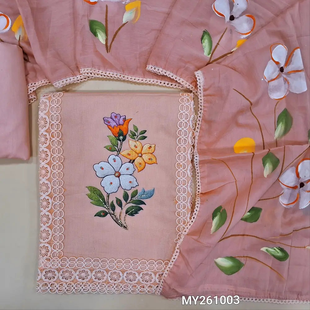 Light peachish pink accord cotton unstitched salwar material,embroidery,panel design, 3D printed with cut bead and lace work on front (lining needed)cotton bottom,brush paint work on mul cotton dupatta. MY261003