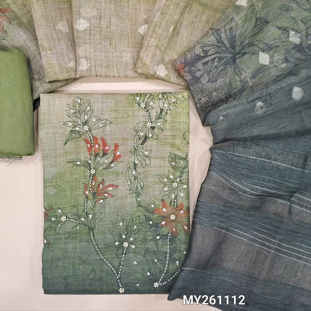 Designer light dark green shade digital printed pure linen unstitched salwar material (lining needed) bead,sequins work on daman,sliky fabric provided for bottom,banarasi woven pure linen dupatta with silver zari pallu. MY261112