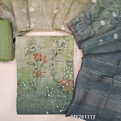 Designer light dark green shade digital printed pure linen unstitched salwar material (lining needed) bead,sequins work on daman,sliky fabric provided for bottom,banarasi woven pure linen dupatta with silver zari pallu. MY261112