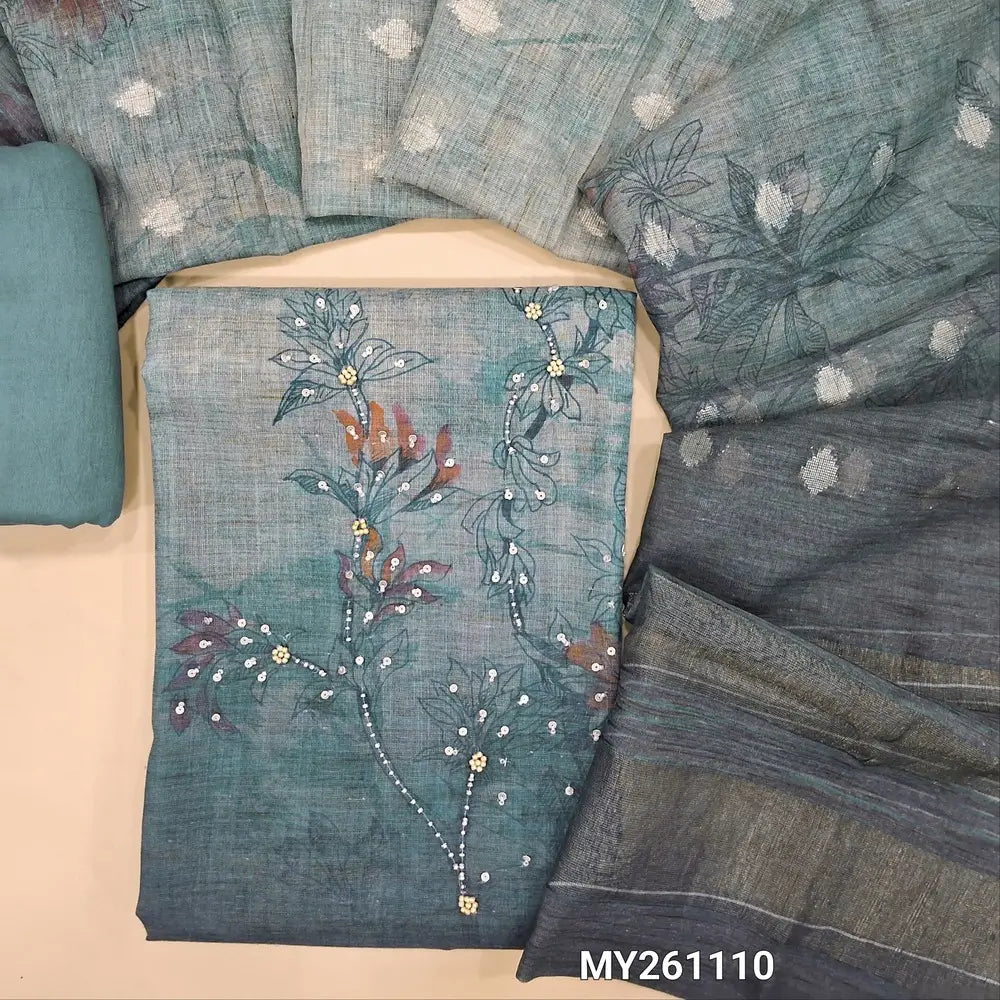 Designer dark blue shade digital printed pure linen unstitched salwar material (lining needed) bead,sequins work on daman,sliky fabric provided for bottom,banarasi woven pure linen dupatta with silver zari pallu. MY261110