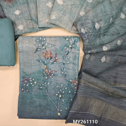 Designer dark blue shade digital printed pure linen unstitched salwar material (lining needed) bead,sequins work on daman,sliky fabric provided for bottom,banarasi woven pure linen dupatta with silver zari pallu. MY261110