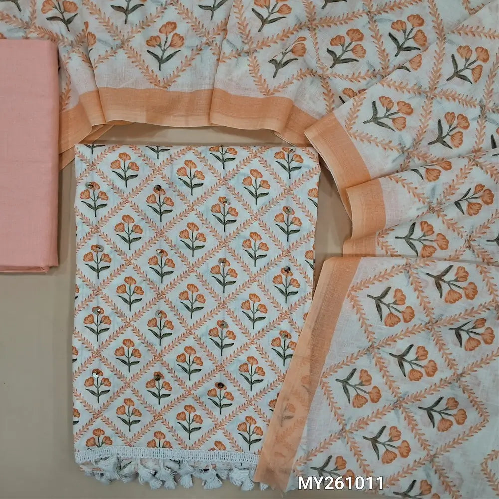 Off white floral printed soft cotton unstitched salwar material,sequins work on front(thin,lining needed)pastel peach cotton bottom,printed mul cotton dupatta(TAPPING NEEDED). MY261011
