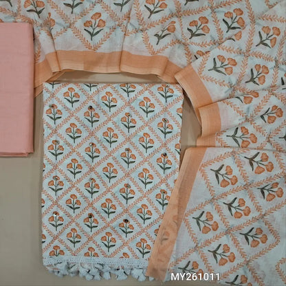Off white floral printed soft cotton unstitched salwar material,sequins work on front(thin,lining needed)pastel peach cotton bottom,printed mul cotton dupatta(TAPPING NEEDED). MY261011