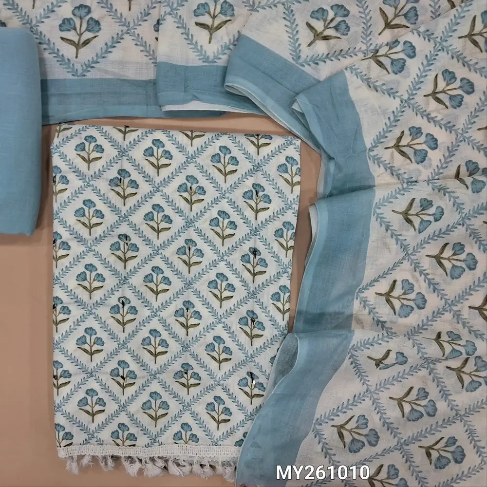 Off white floral printed soft cotton unstitched salwar material,sequins work on front(thin,lining needed)pastel blue cotton bottom,printed mul cotton dupatta(TAPPING NEEDED). MY261010