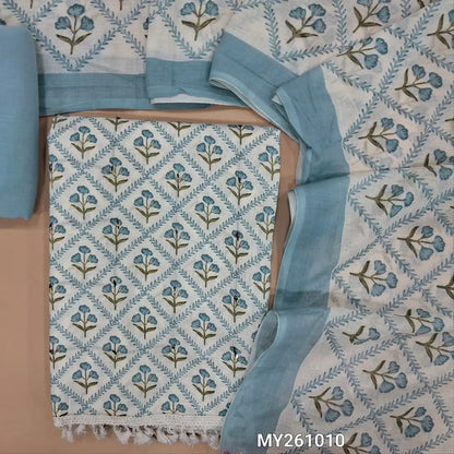 Off white floral printed soft cotton unstitched salwar material,sequins work on front(thin,lining needed)pastel blue cotton bottom,printed mul cotton dupatta(TAPPING NEEDED). MY261010