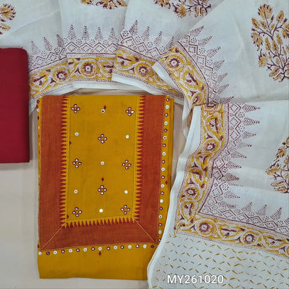 Mehandhi yellow premium handloom cotton unstitched salwar material,faux mirror work on yoke,thread woven all over,(lining needed)reddish maroon cotton bottom,hand block printed cotton dupatta. MY261020