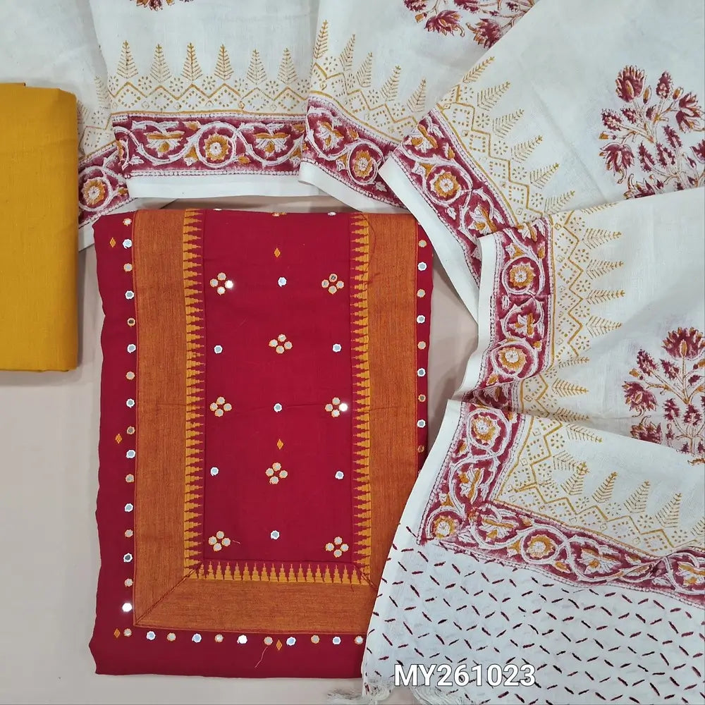 Bright red premium handloom cotton unstitched salwar material,faux mirror work on yoke,thread woven all over,(lining needed)fenugreek yellow cotton bottom,hand block printed cotton dupatta. MY261023