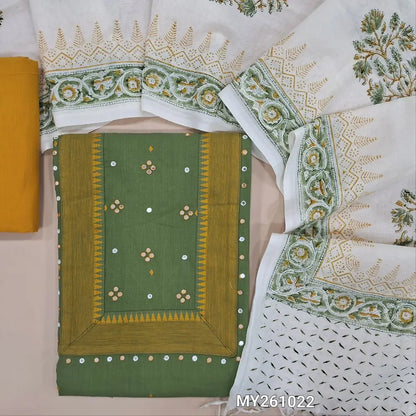 Sage green premium handloom cotton unstitched salwar material,faux mirror work on yoke,thread woven all over,(lining needed)fenugreek yellow cotton bottom,hand block printed cotton dupatta. MY261022